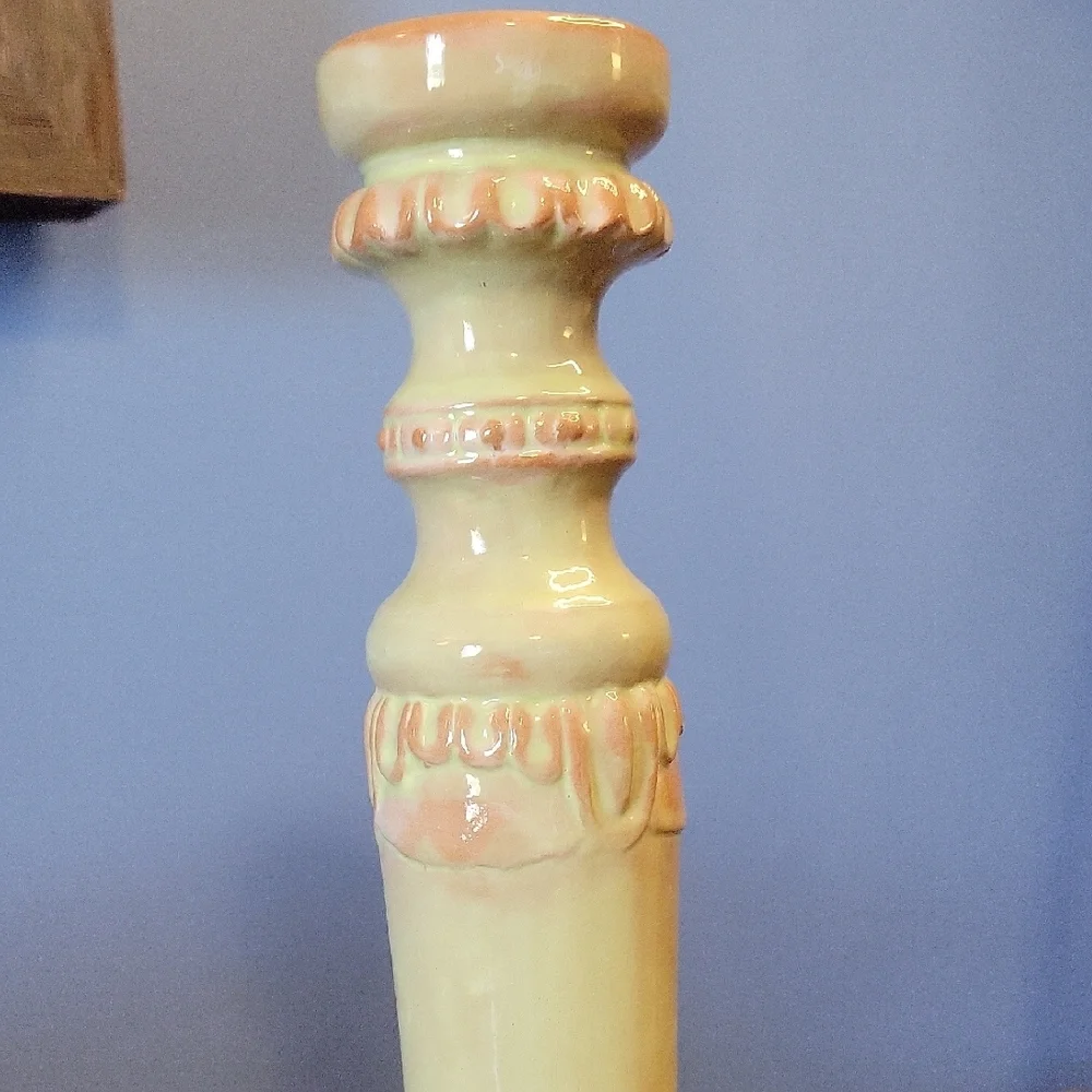 Ornate Candle Holder Accent Ceramic Pale Green Rose Pink